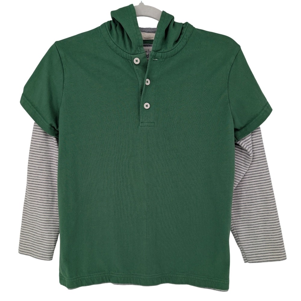 Mini Boden Hooded Shirt Kids 9-10Y Green Layered Look Striped Long Sleeve Henley